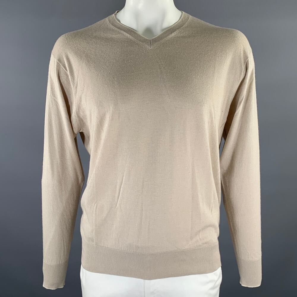 THE MONACO CASHMERE Size XL Beige Knitted Cashmere Silk Blend V-Neck Pullover